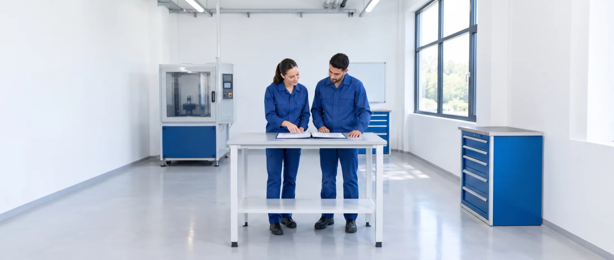 Instrutora e colaborador revisam um procedimento junto ao equipamento.