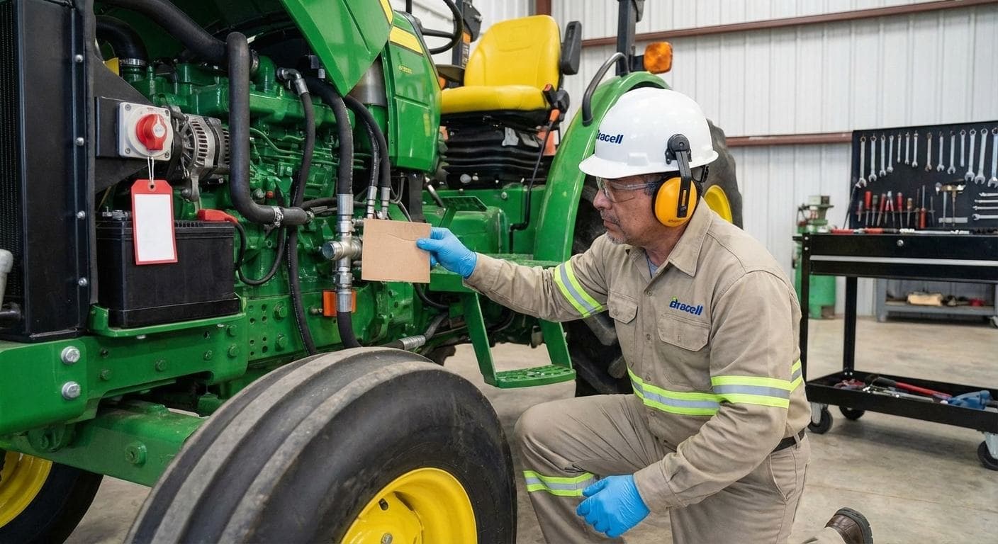 Profissional inspecionando uma máquina agrícola